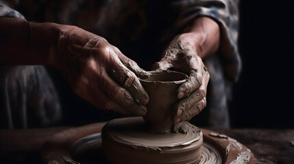Closeup hand of senior man craftsman working on pottery wheel while sculpting from clay pot background workshop. Generation AI - obrazy, fototapety, plakaty