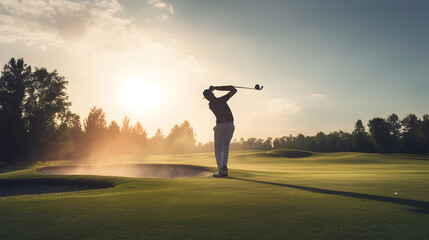 Fototapeta na wymiar Golfer play putting golf ball on green field, sunset time. Generation AI.