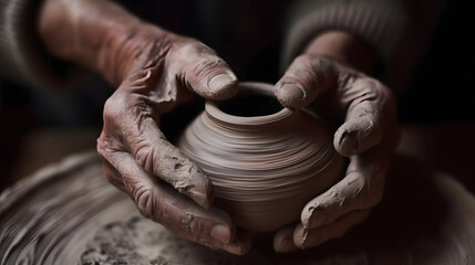 Fototapeta na wymiar Closeup hand of senior man craftsman working on pottery wheel while sculpting from clay pot background workshop. Generation AI