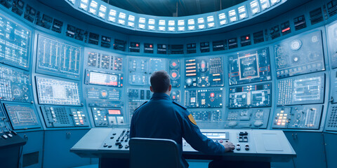 Electrical station, Central control panel of nuclear power plant reactor. Engineer at work back view, blue color. Generation AI - obrazy, fototapety, plakaty