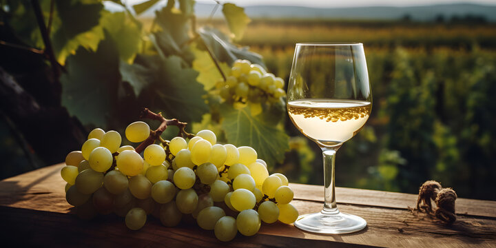 Glass of white wine with bunch of grapes on wooden background, sunset banner. Generation AI.