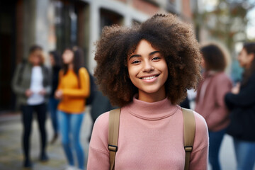 Generative AI portrait of nice schoolgirl exchange student visit new school autumn