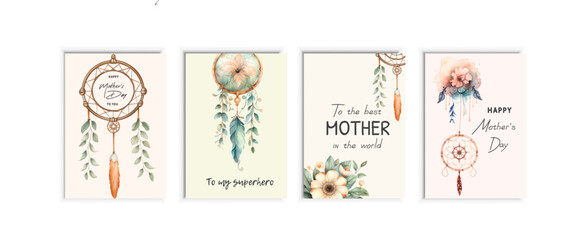Fototapeta na wymiar Happy Mother's Day Calligraphy abstract art background vector. Dream catcher with lily flowers.