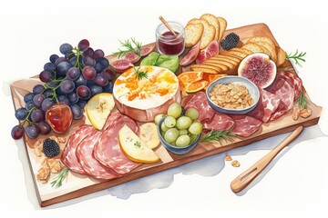 Watercolor painting of a charcuterie board on a white background. Generative AI