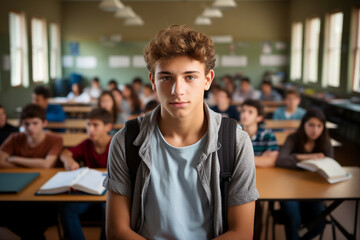 Obraz premium Generated by AI photo of happy male brown hair student standing in classroom isolated in educational environment background