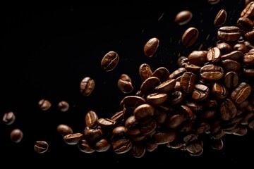 Dark coffee beans flying against black backdrop. Generative AI