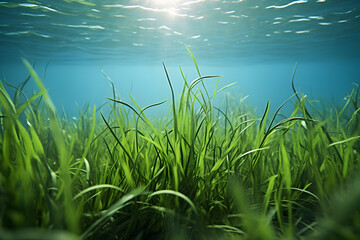 Fototapeta na wymiar A clear underwater photograph of a group of seabed with vibrant green seagrass.