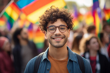 AI generated portrait of happy young guy standing for the legality lgbt on demonstration