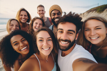 Obraz premium Generative AI portrait of a happy cheerful people friendly company having fun spending summer vacation abroad together