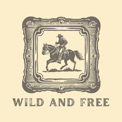 cowboy illustration on top of horse. vintage hand drawn illustration
