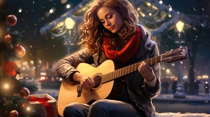 A woman playing a guitar in front of a christmas tree - obrazy, fototapety, plakaty