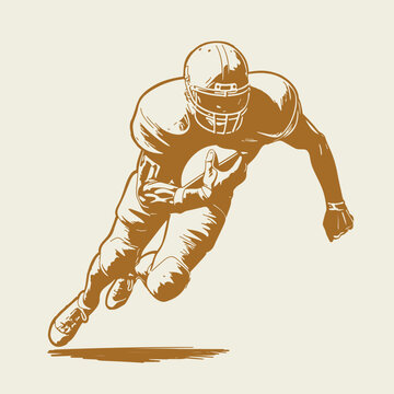 American football player. Vector illustration. In hand drawn style, linocut like