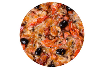 Delicious fresh Italian pizza with olives, cheese, chicken, tomatoes and mushrooms