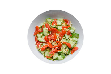 Delicious fresh salad of cucumber and tomato slices, with mung beans, salt and spices