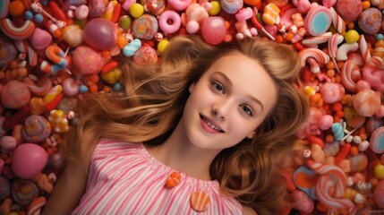 Fototapeta na wymiar A young girl laying in a pile of candy