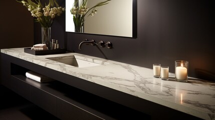 A minimalist bathroom with alabaster sink countertops, creating a sense of modern luxury