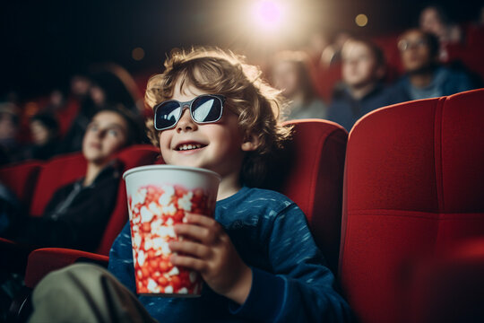 Funny little child kid watching cartoon eat popcorn cinema day Generative AI