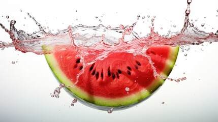 A slice of watermelon being splashed with water
