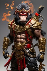 modern monkey king with smacking cigar , right hand with machine gun, red eyes, 