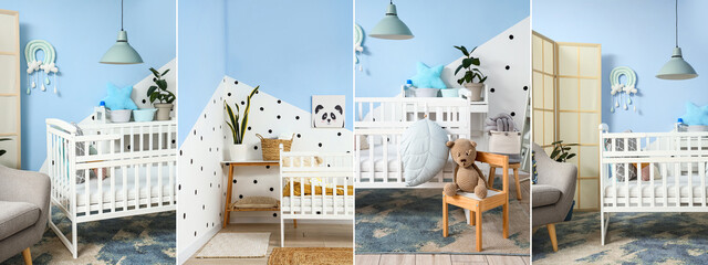 Collage of stylish children's bedroom with cozy baby crib