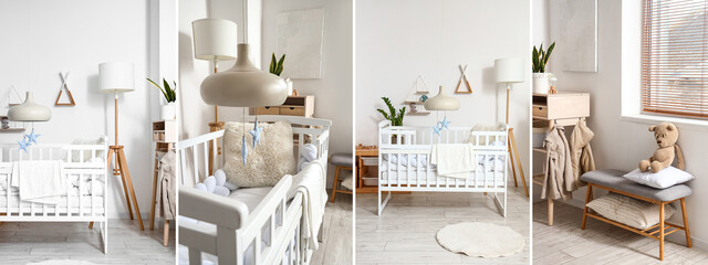 Collage of light children's bedroom with cozy baby crib