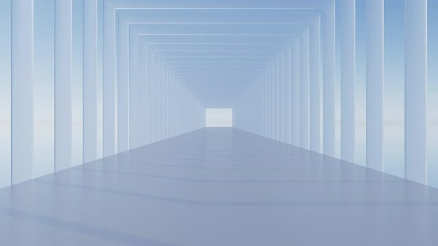 3D render of slow fly camera through glassy square arch passage on pier in day light with sun shadow and reflection and blue sky, 4K seamless loop abstract architectural live wallpaper