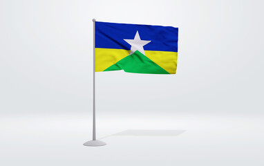 3D illustration of the flag of Rondonia state of Brazil. Flag waving on the pole with white studio background.