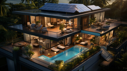 Obraz na płótnie Canvas Drone view of Solar Rooftop House generative ai