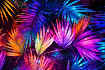 Vivid palm leaves emit neon glow forming a vibrant backdrop. Generative AI