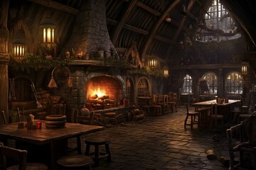 Fototapeta na wymiar Artistic depiction of a medieval inn's interior. Generative AI