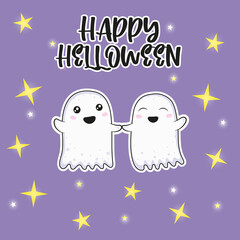 happy halloween card cartoon ghosts on purple background