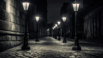  A pair of old-fashioned street lamps lining a grayscale cobblestone street © nomi_creative