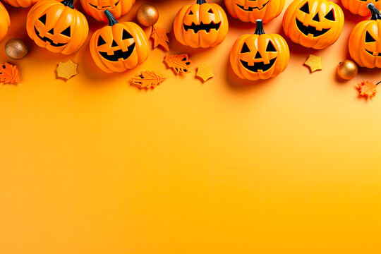 traditional halloween pumpkin mockup on yellow background with copy space