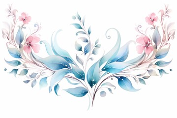 Seamless watercolor border with transparent pastel flowers and eucalyptus leaves. Vintage pink and blue floral design. Generative AI