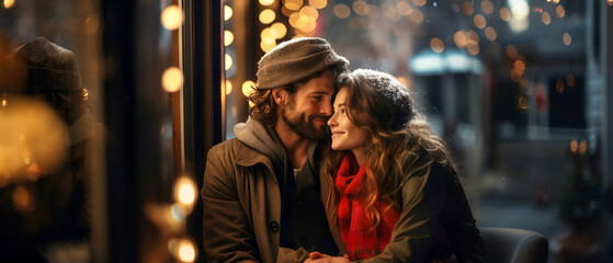 A young cheerful couple, dressed warm, looking at each other and laughing. Enjoying Snowy Evening. - obrazy, fototapety, plakaty