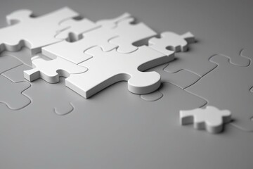 White puzzle mockup merging 3D rendering. Clear jigsaw pieces connect, design template. Desktop toy. Generative AI