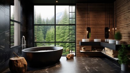 Full of luxury bathroom with black bathtub what is impossible to able to be clean but look like brutal good.