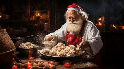 Santa Claus baker in a chef's uniform, cooking Сhristmas cookies. Christmas or New Year concept.