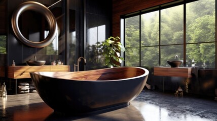 Full of luxury bathroom with black bathtub what is impossible to able to be clean but look like brutal good.