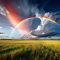 A rainbow arching across the sky after a passing rainstorm, with fluffy clouds as a backdrop. 