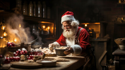 Santa Claus baker in a chef's uniform, cooking Сhristmas cookies. Christmas or New Year concept. - obrazy, fototapety, plakaty