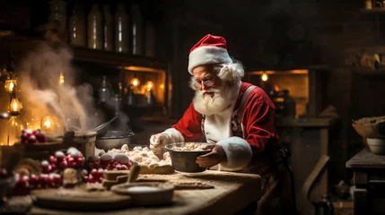 Tuinposter Santa Claus baker in a chef's uniform, cooking Сhristmas cookies. Christmas or New Year concept. © Yuliia