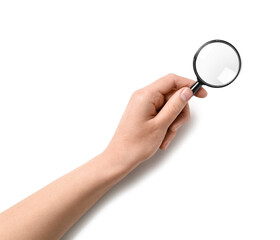 Female hand with mini magnifier isolated on white background