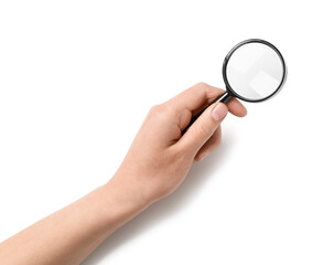 Female hand with mini magnifier isolated on white background