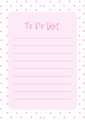 Cute simple to do list, pink note with hearts, valentine symbols. Printable to do, diary, page notebook, daily planner, notes and checklist. Ready for print