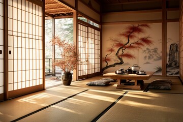 Japanese tea room with tatami mats and natural lighting. Generative AI - obrazy, fototapety, plakaty