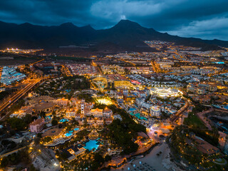 illuminated night city light view, ocean shore, Tenerife, Canary island aerial