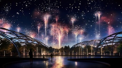 Fototapeta na wymiar a person standing in front of a bridge with fireworks in the sky. generative ai