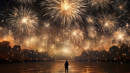 Fototapeta na wymiar a man standing in front of a fireworks display at night. generative ai