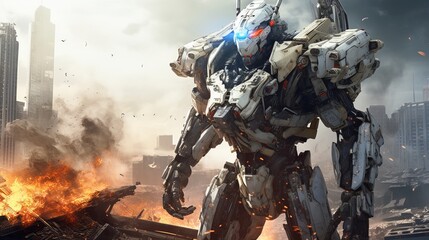 A Powerful Cyborg Metal AI Army Robot Warrior Standing In Battlefield